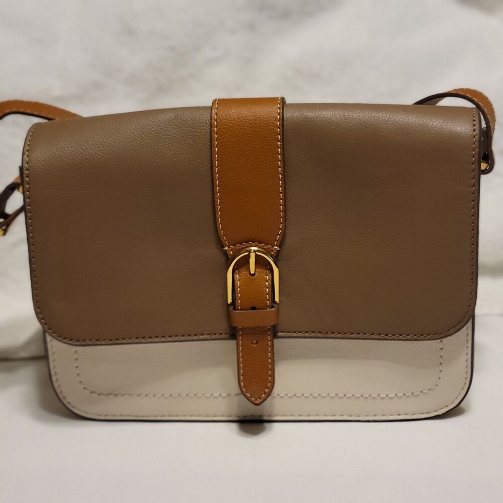 Fossil Medium Leather  White  Tan Beige  Shoulder  Crossbody  Purse Bag